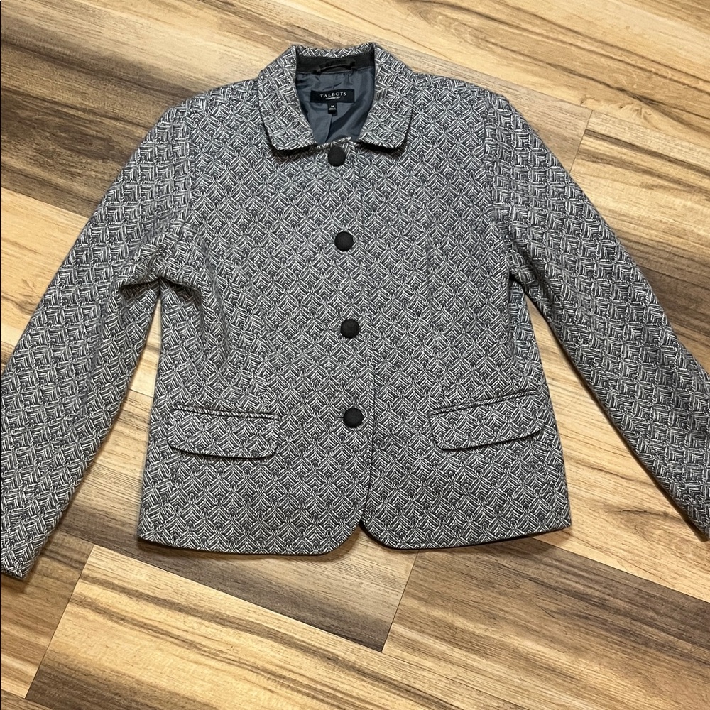 Talbots Button Front Wool Blend Woven Blazer Jacket Size 14 Petite Gray White